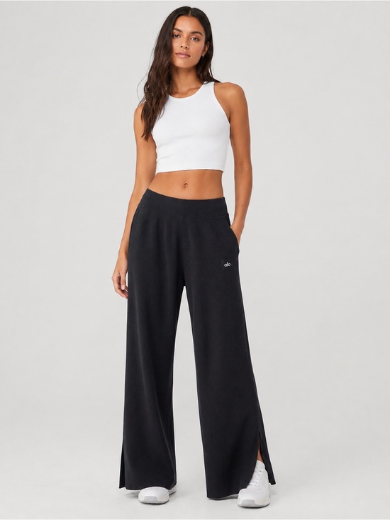 ALO Yoga Pants - ALO Ribbed Knit Wide Leg Split Hem Lounge Pants Black s/m